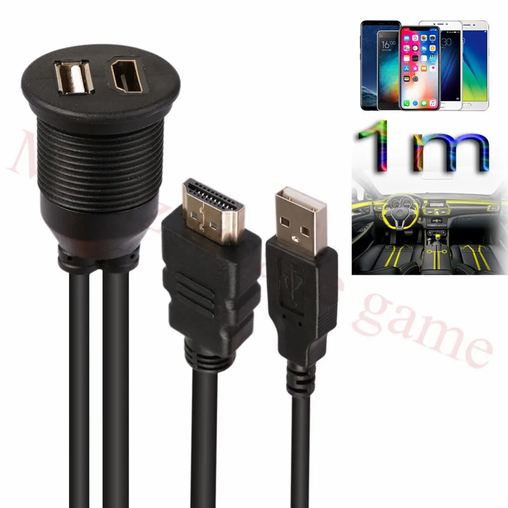 Cabo de extensão usb, hd, macho para fêmea, à prova d'água, para carro, moto, barco, 6mm, usb, hd, montagem embutida, 1m