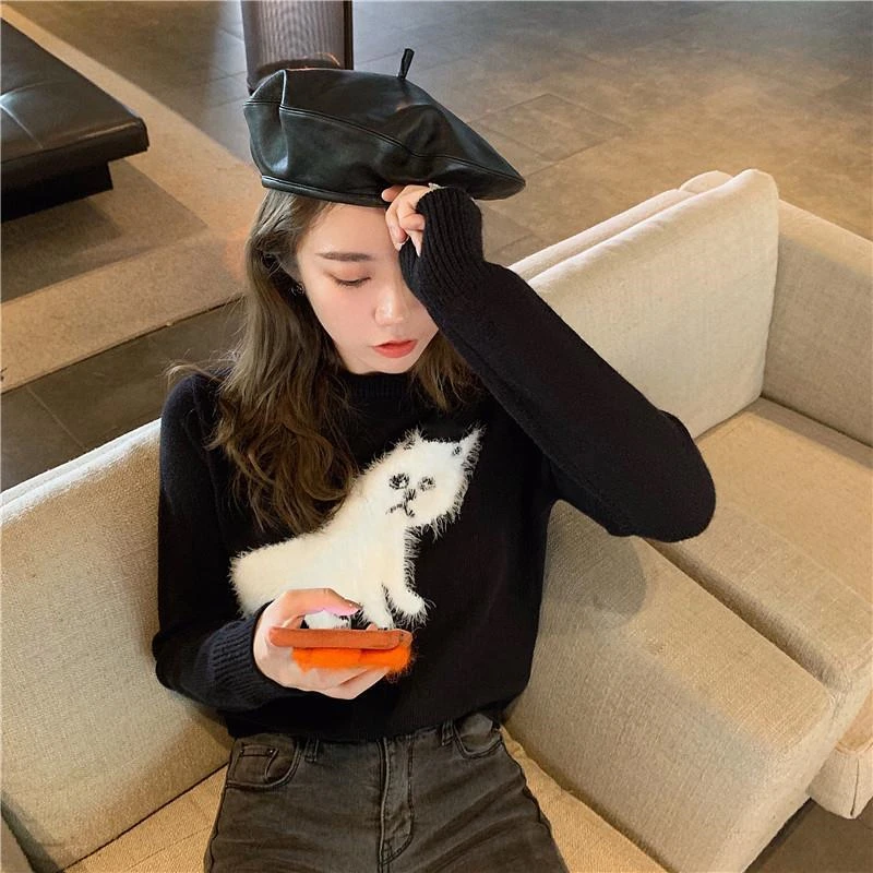 Cat Pattern Black Knitted Sweater Round Collar Long Sleeve Fashionable Autumn Women\'s Clothing Soft Pullover Women Thin Sweaters