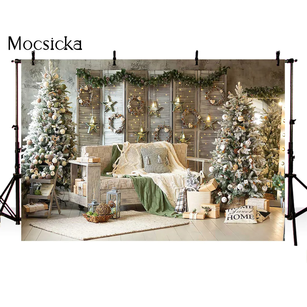 Merry Christmas Backdrop for Photography Living Room X-mas Tree Photo Background Gift Star and Wreath Holiday Party Decoration