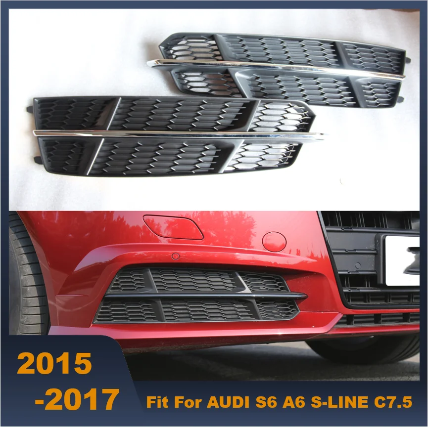 

High Quality 2PCs ABS Honeycomb Chrome Front Left Right Bumper Lower Fog Light Cover Fit For AUDI S6 A6 S-LINE C7.5 2015-2017