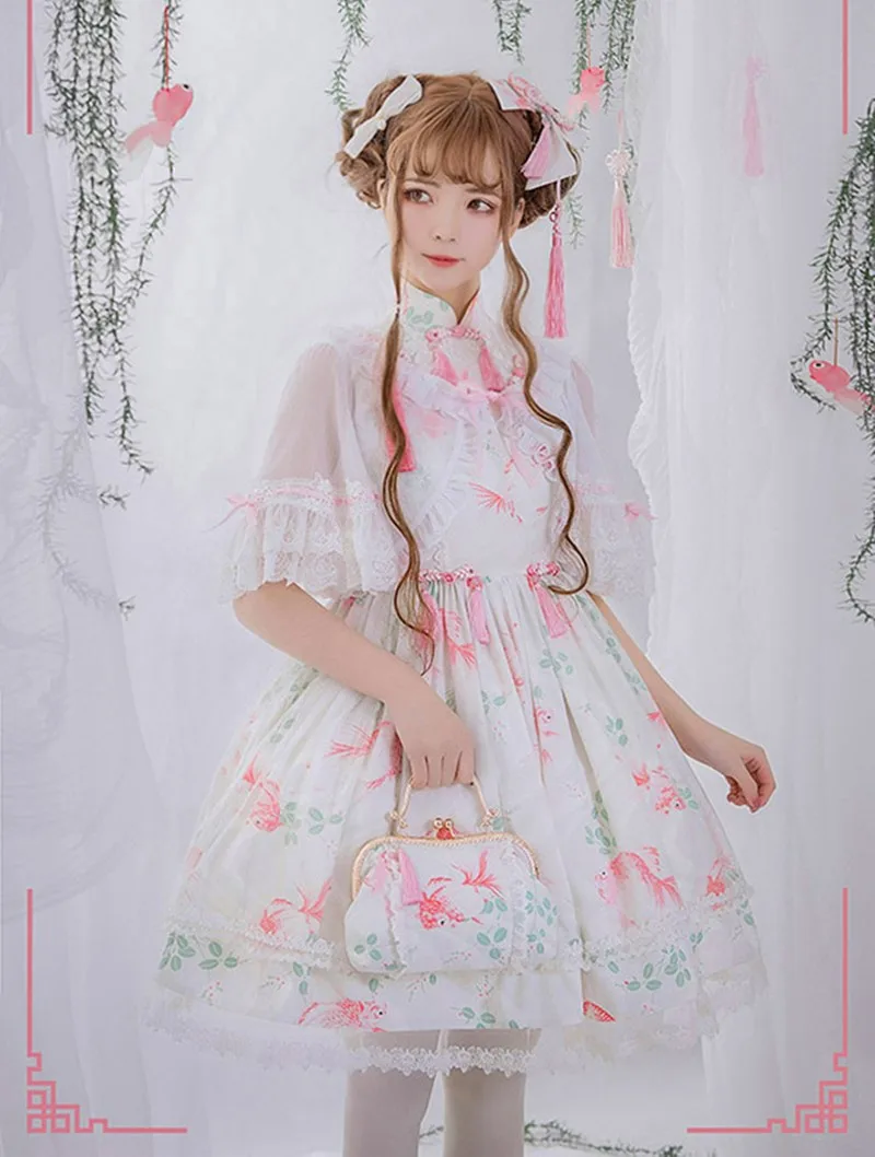 

Preppy style Hanfu retro sweet lolita strap dress bowknot cute printing high waist princess victorian dress kawaii girl cos