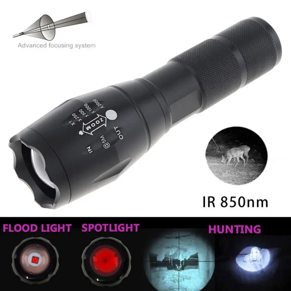 

T50 10W IR Flashlight 850nm Night Vision Zoomable LED Infrared Radiation Tactical Flashlight Hunting Torch Use 18650 Battery