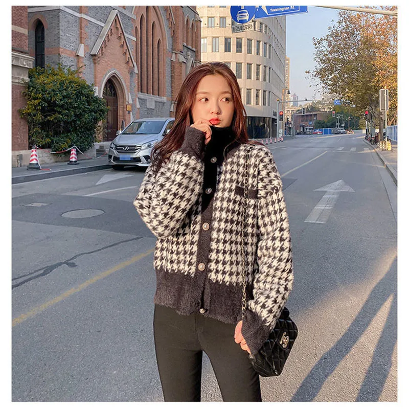 Korean Pink Plaid Short Sweater Cardigan Tops Women Elegant Faux Mink Cashmere Knitwear Coats Fall Winter O-neck Knitted Abrigos