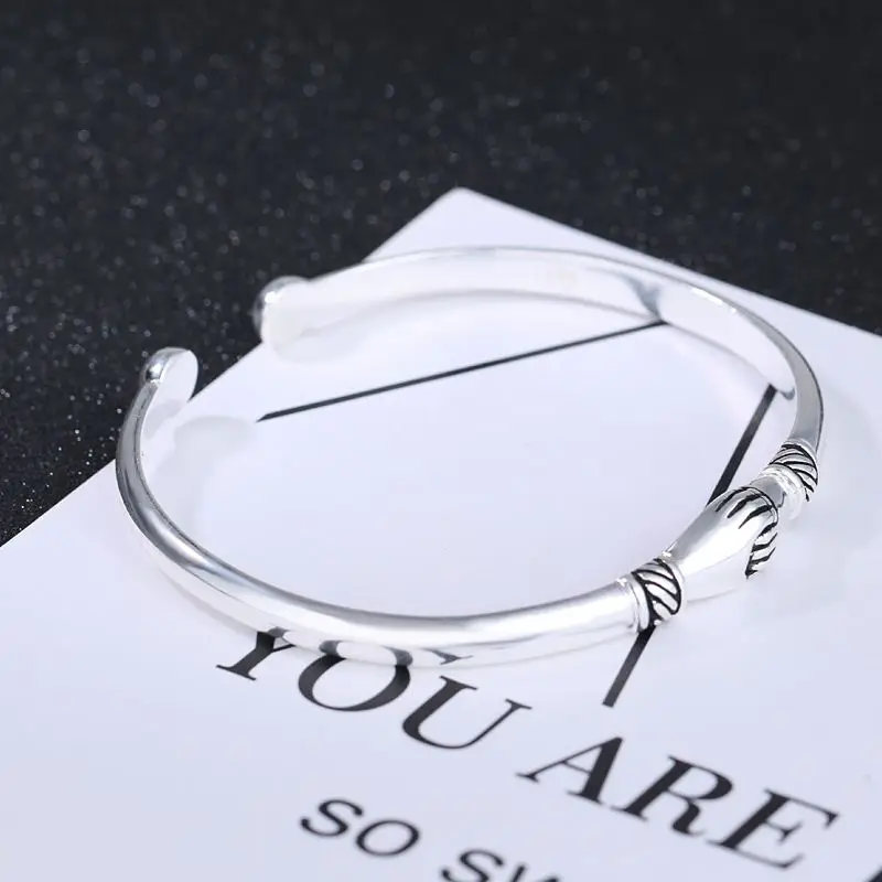 Personality New Art 925 Sterling Silver Jewelry Female Simple Bar Shake hands High-quality Popular Open Bracelet