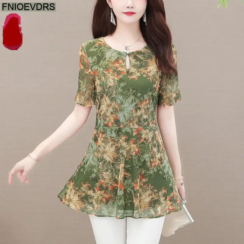 2022 Summer Clothes 5XL 4XL 3XL Tops Blusas For Women Green Summer Floral Print Tunic Long Shirt Casual Belly Peplum Blouses