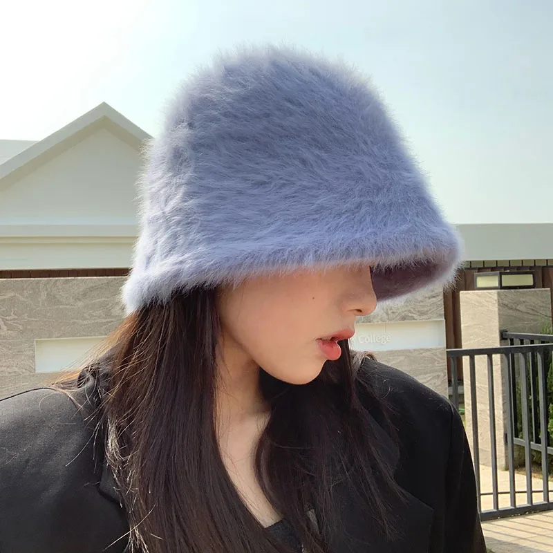 2020 Hat winter women\'s fashion Solid color rabbit fur hat bucket cap  fisherman\'s hat retro knitted wool basin Bucket Hat