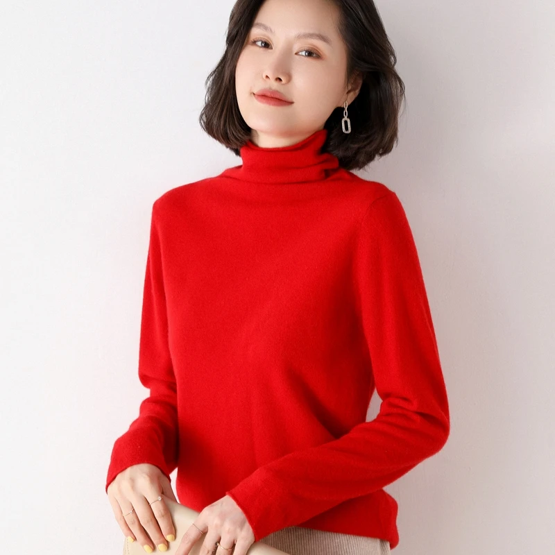 Women's Cashmere Sweater Autumn And Winter New Product 100% Pure Wool Pullover Loose Wild Soft Knit High Neck Korean Base Shirt
