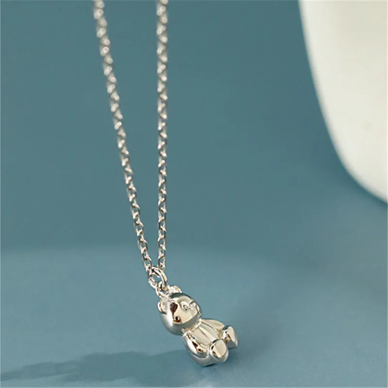 HI MAN 925 Sterling Silver Korean INS Cute Cartoon Mini Bear Necklace Women Fashion Elegant Anniversary Gift Jewelry