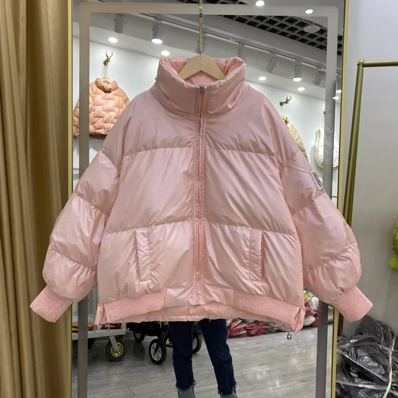 Chaqueta de plumón coreana para mujer, abrigo corto holgado, ropa de pan, Color caramelo, superficie brillante, chaquetas cálidas de plumón de pato