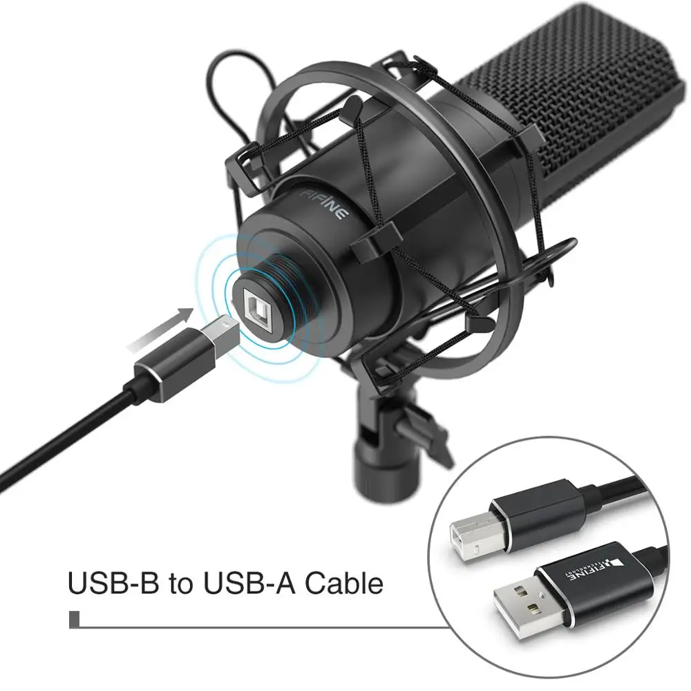 FIFINE USB Condenser PC  Microphone with Adjustable desktop mic arm &shock mount for  Studio Recording  Vocals Voice,Vidoe,Audio