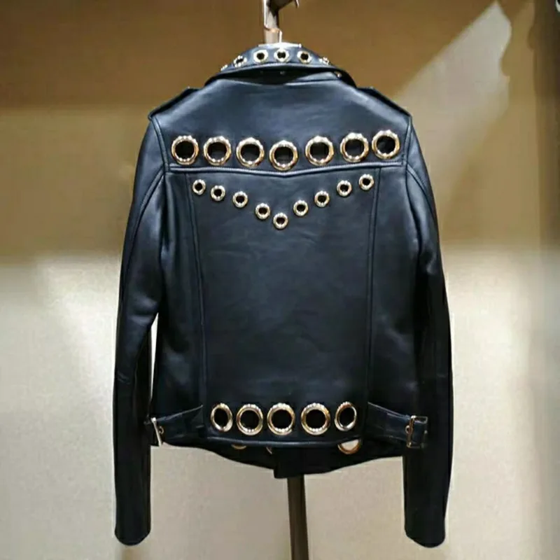 Chaqueta de cuero PU para mujer, ropa que combina con todo, círculo de Metal, delgada, tendencia corta, Primavera, 2023