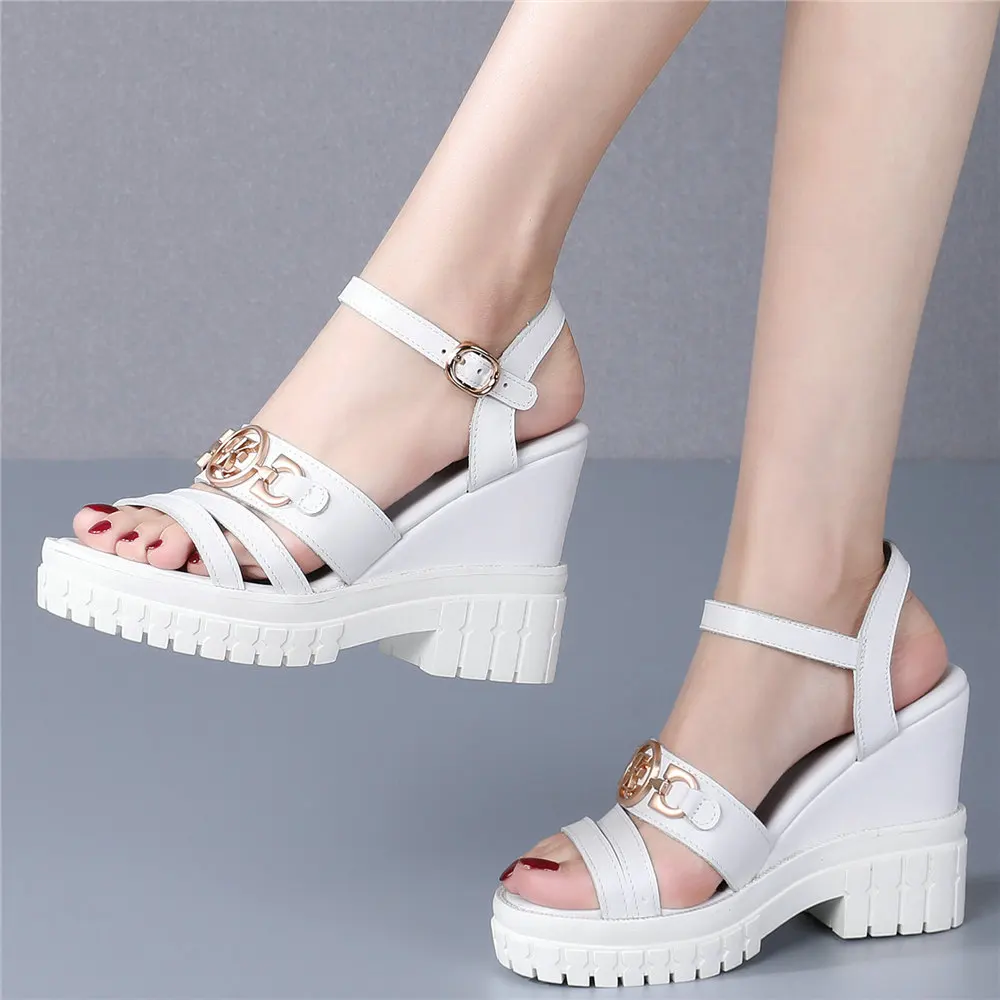 Buckle Shoes Women Genuine Leather Wedges High Heel Gladiator Sandals Female Summer Open Toe Platform Pumps Shoes Casual Shoes