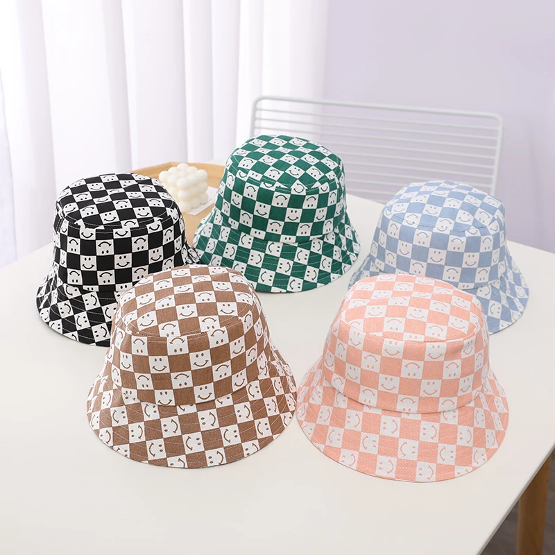 Doitbest Spring 2022 Autumn baby kids Bucket Hats Cotton Checkerboard smile Sun Cap Boy Girls Outdoor Beach Fisherman Hat