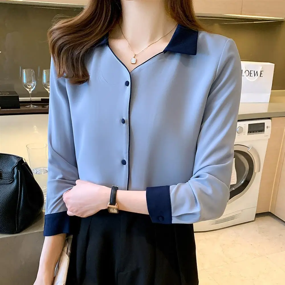 Vrouwen Solid Basic Chiffon Shirts 2022 Lente Herfst Nieuwe Commuter Werkkleding Lange Mouwen Revers Blouse Vrouwelijke Kleding 3XL