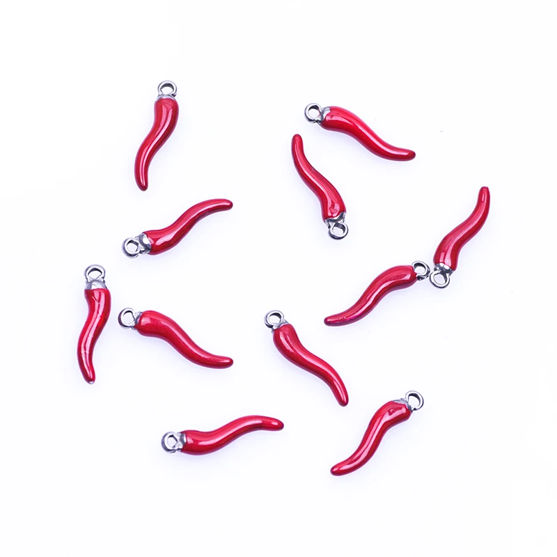 6Pcs/Lot Stainless Steel DIY Red Chili Italian Charms Earrings Material Food Hot Pepper Lucky Talisman Horn Pendant Jewelry Bulk