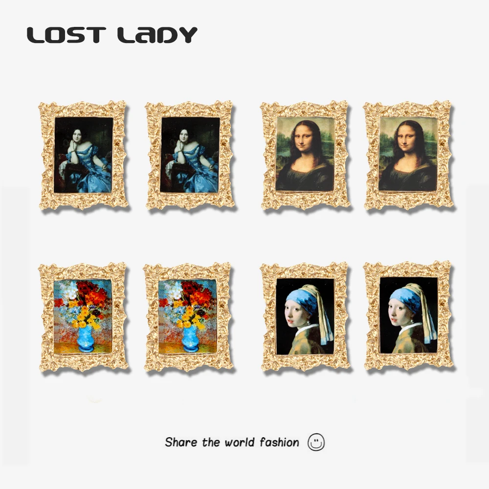 Lost Lady New Fashion Mona Lisa Image Stud Earrings For Women Vintage Gold Alloy  Geometry Earrings Wholesale Jewelry Party Gift