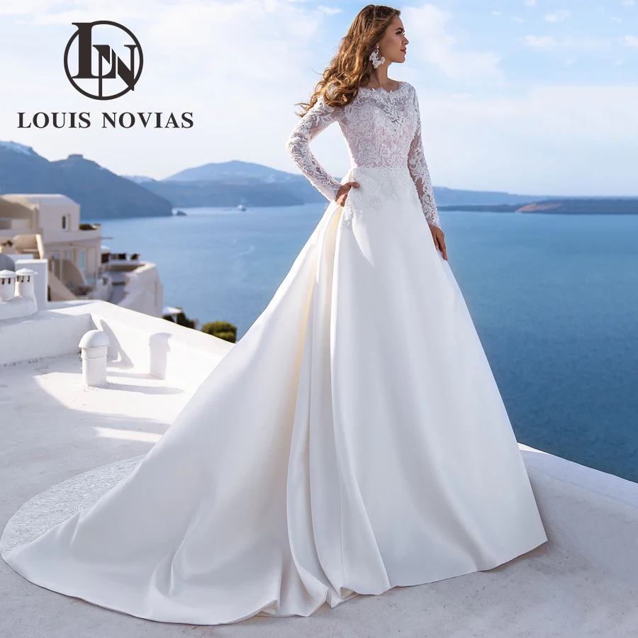 LOUIS NOVIAS Satin Wedding Dresses For Women Elegant Scoop Collar Embroidered Long Sleeve Button Wedding Gown Vestidos De Novia