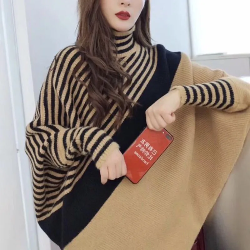 Fashion Sweater Women Pullover Casual Cloak Loose Bat Sleeve Knitted Tops Spring Autumn Turtleneck Stripe Knitwear Jersey Mujer