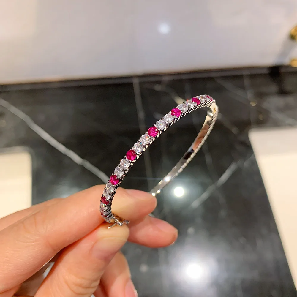 2021 Trend Wedding Bangles for Women Luxury Created Ruby Gemstone High Carbon Diamond Bracelets Fine Jewelry Accessories 16-17cm