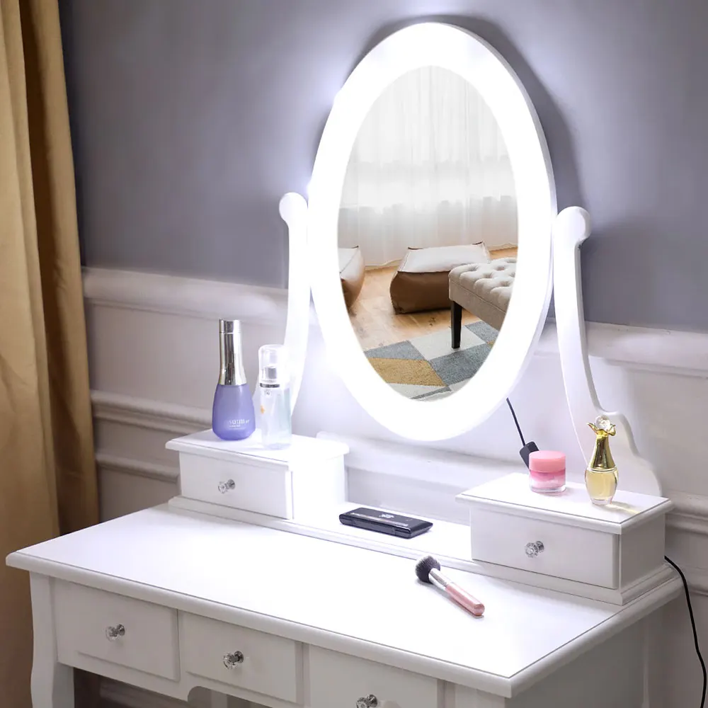 Dressing Table FCH With Light Bulb Single Mirror 5 Drawer White[US-W]