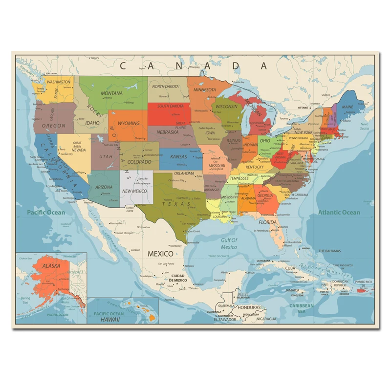 poster decorativo de parede mapa dos eua dos estados unidos 80x60cm versao em ingles tamanho grande 01