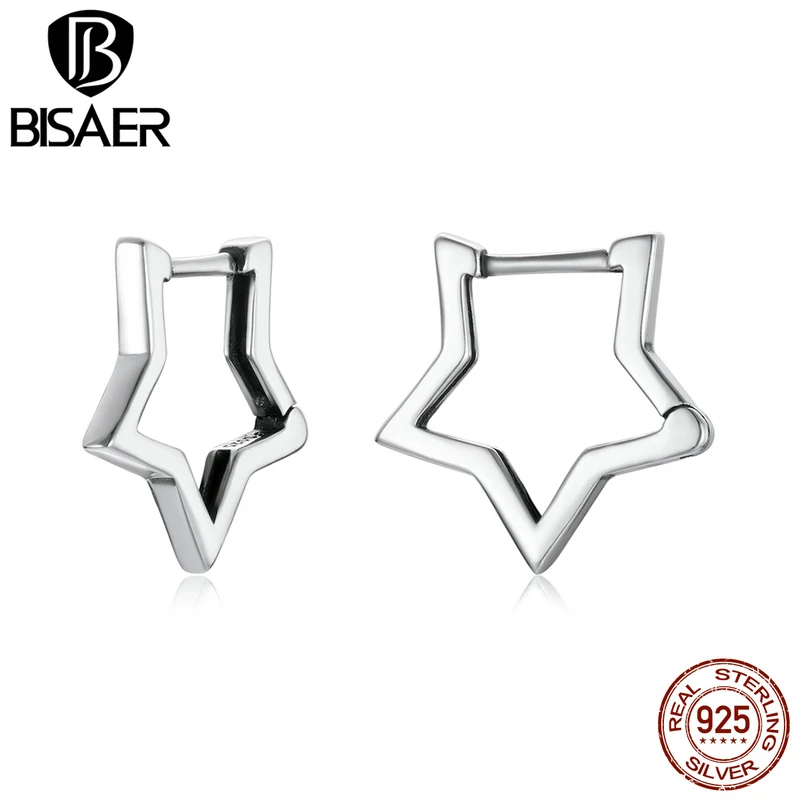 BISAER 925 Sterling Silver Star Like Hollow Star Ear Buckles Hoops Earrings Women Girls Simple Fashion Jewelry Gift ECE1136