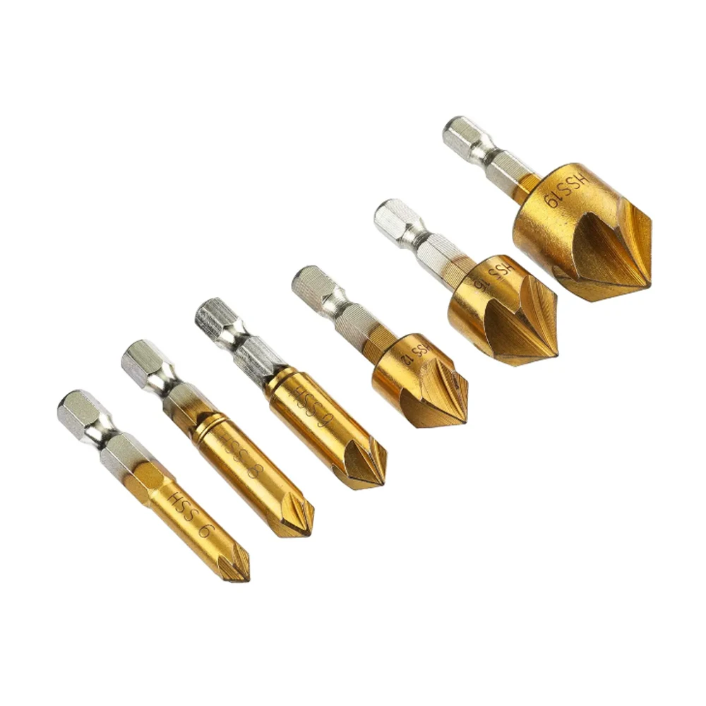 6 stücke 5 Flöte Kegel Bohrer Senker Bohrer Titan Beschichtete HSS1/4 "Hex Schaft Winkel Punkt Holz PVC Cutter Rand Fase Rea