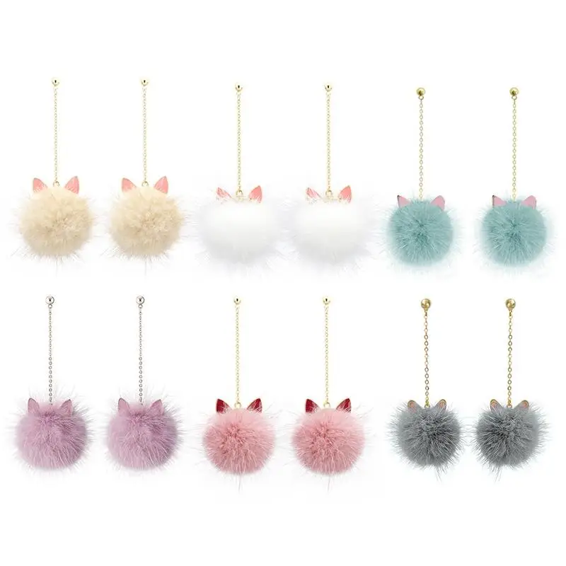 1 Pair Faux Fur Ball Earrings Cat Ear Design Plush Earrings Fluffy Pom Pom Earrings Pendant Earrings Jewelry Accessories