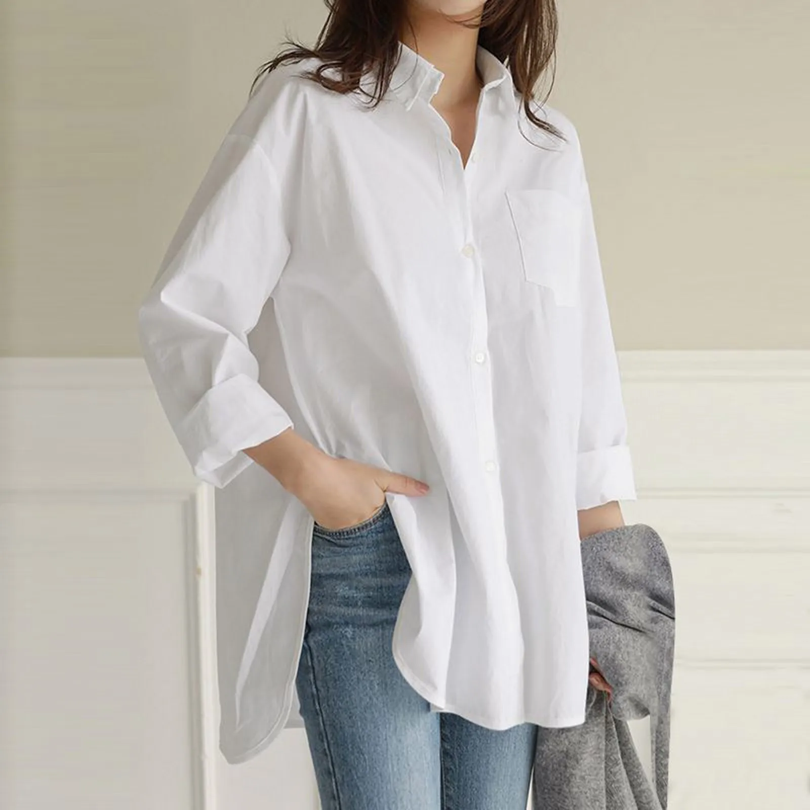 Women\'s White Shirt Plus Size Loose Blouse Casual Pocket Button Long Sleeve Shirt Top Harajuku Women Bloues Korean Tops New 2023