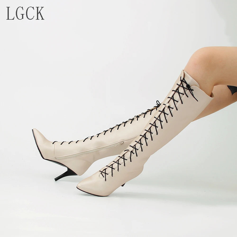 

Plus Size 34-40 Fashion Women Stiletto Heels Boots Sexy Pointy Toe Knee High Lace-Up Autumn Winter Mid Calf Knee Casual Party