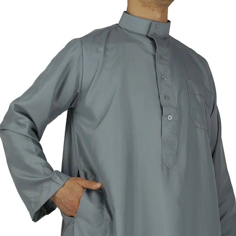 Chemise musulmane à manches longues pour hommes, Style islamique marocain, grande taille, blanc, gris, col montant, arabe