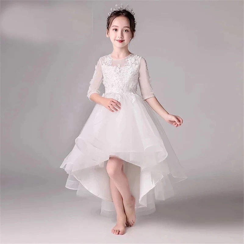 

Girl Ball Gown White Appliques High Low Flower Girl Dresses for Wedding Tulle Kid Party Communion Dress