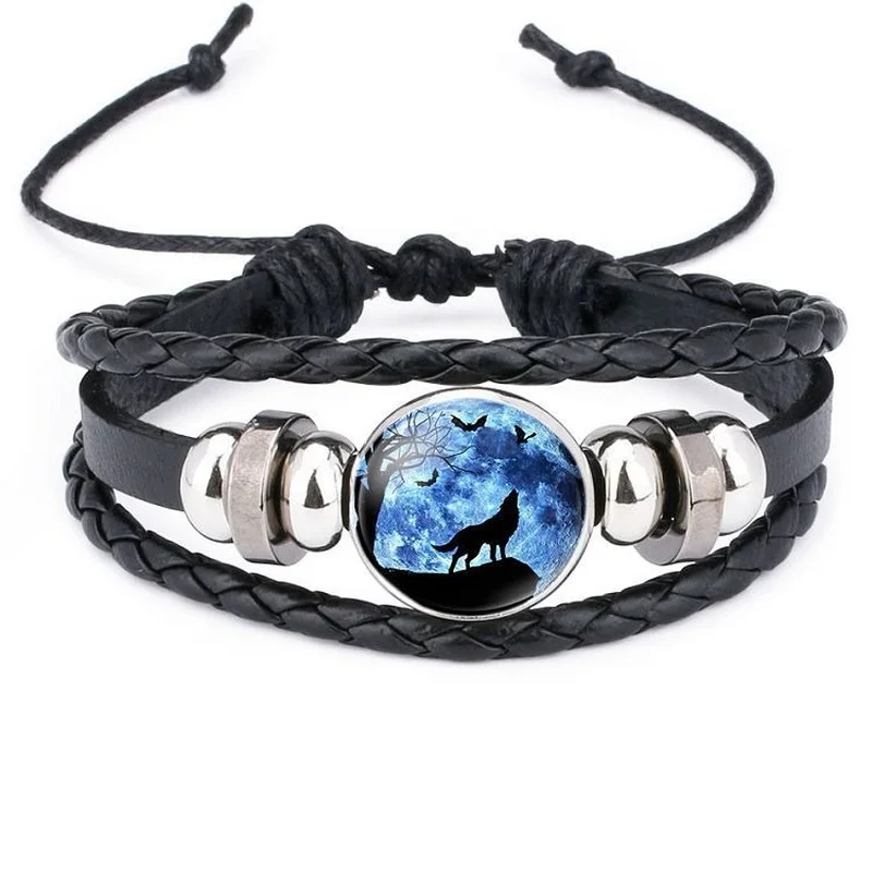 

Timberwolves Moon Starry Wolf Howling Dome Glass Hand Woven Leather Bracelet Factory Outlet