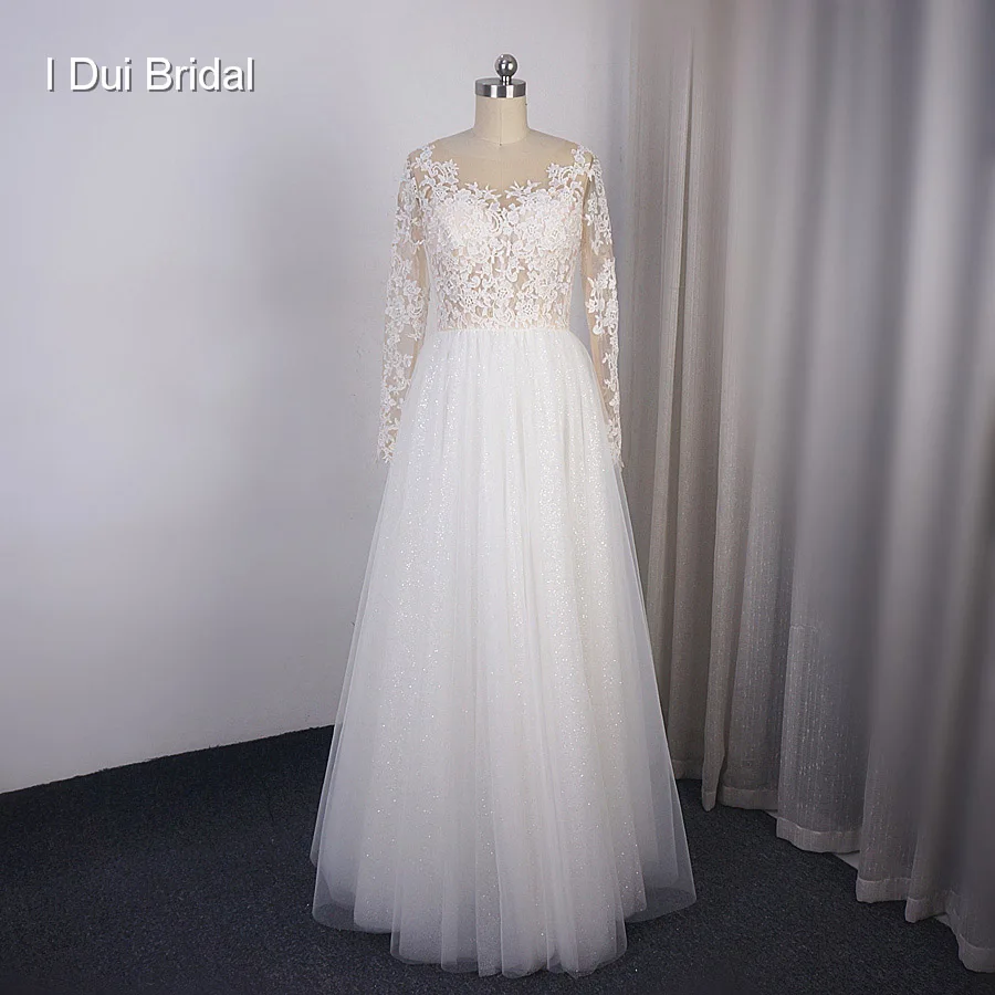 Dài Tay Áo Lấp Lánh Wedding Dress A Line Ren Appliqued Nhảy Múa Bridal Gown Tiếp Nhận Gown Diễn Tập Ăn Mặc Bengalas Boda