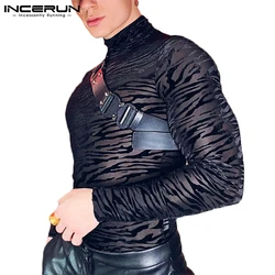 INCERUN Men Mesh T Shirt Turtleneck Long Sleeve See Through Print Casual Sexy Tee Tops 2024 Streetwear Party Nightclub Camisetas