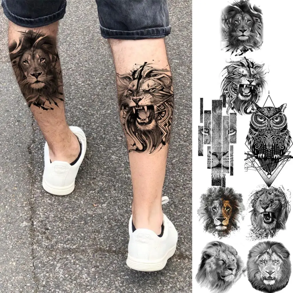 

Black Lion Fashion Calf Temporary Tattoos For Women Adult Men Lion Geometric Owl Fake Tattoo Realistic Body Art Decoration Tatoo