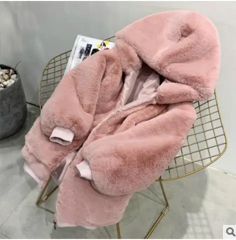 Winter Coats Plush Hooded Loose Warm Medium Long Plush Sweatshirts Coat Large size Casual White pink Women Fashion Jacket