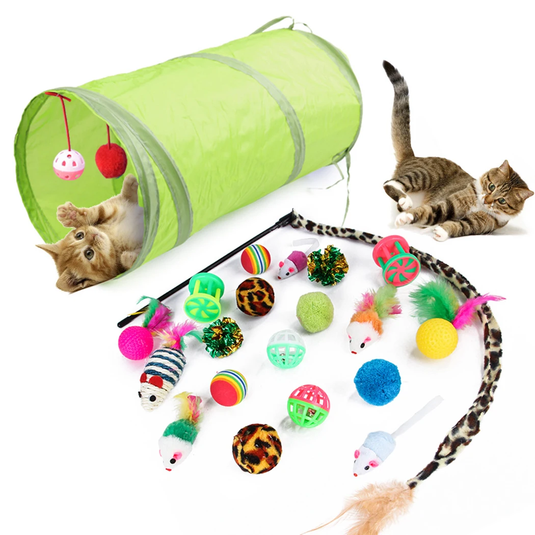 Kapmore 21PCS Funny Cat Toy Set Assorted Interactive Cat Teaser Toy Cat Feather Toys Ball Toys Cat Tunnel Pet Training Supplies