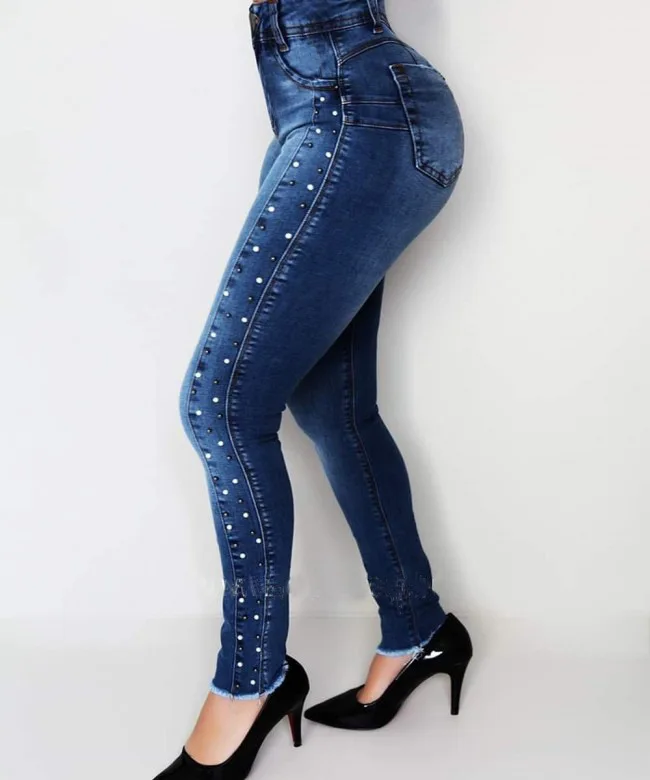 2021 New Women Dark Blue High Waist Beaded Jeans High Stretch Denim Pencil Pants Street Fashion Casual Push Up Hip Jeans S-2XL