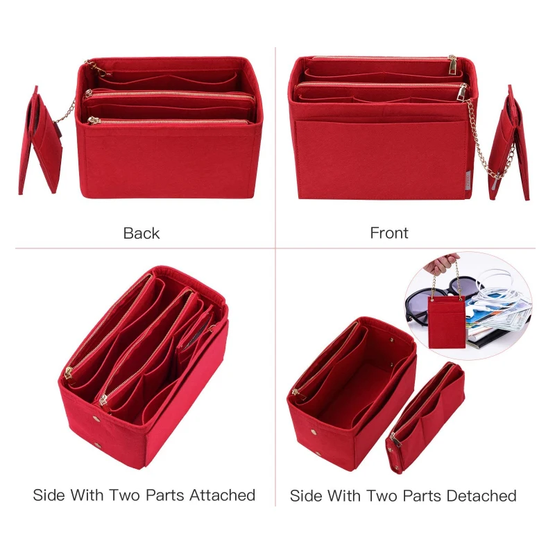 Feltro saco cosmético com bolsa de inserção de carteira para organizador de bolsa (com bolso zip destacável) compõem organizador ajuste neverfull