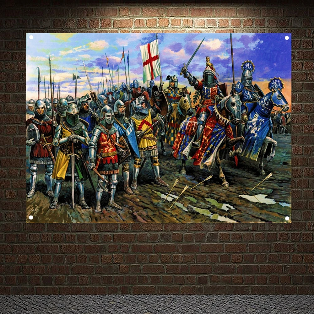 Ancient Military Art Banners Flags, Mounted Templar Charging Into Battle Poster Canvas Painting, Knights Templar Wall Hanging