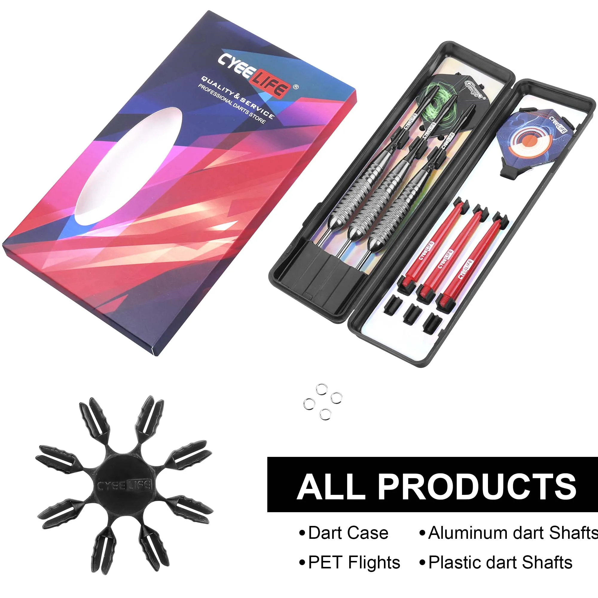 CyeeLife 22/28g Steel Tip darts set Professional with Cace,Aluminium & PVC Shafts+Extra Flights+Plastic Protectors