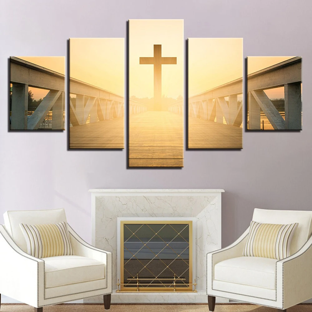 

5 Pieces Wall Art Canvas Painting Christian Cross Landscape Poster Modern Home Decoration Living Room Bedroom Modular Pictures