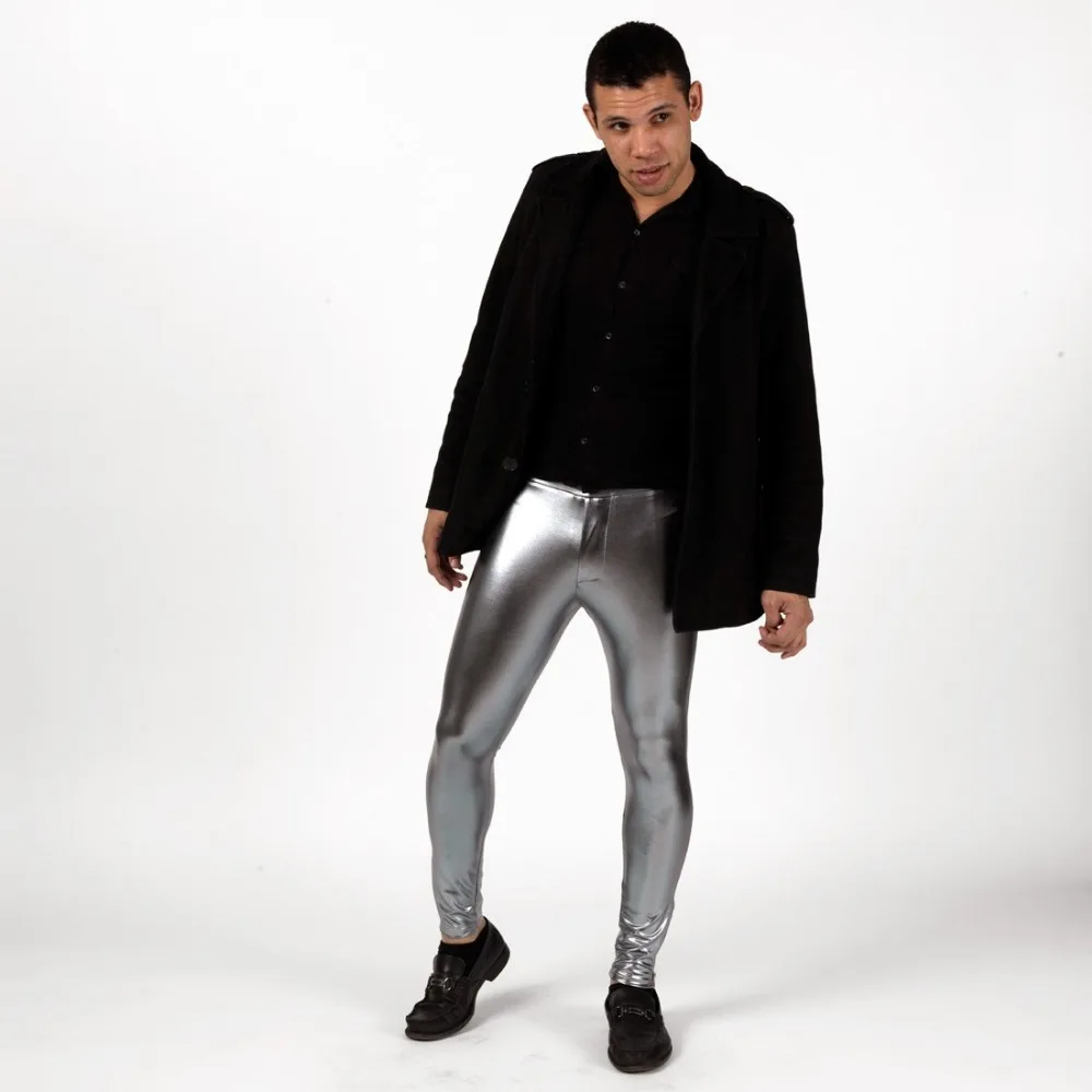 Speerise Men Shiny  Mid Waist Leggings Silver Metallic Spandex Full Length Man Black Meggings Leggings Tights for Guys