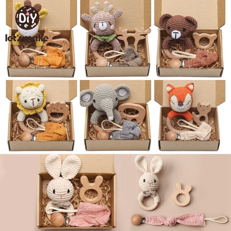 Let 'S Make Baby Rattle ชุดการ์ตูนโครเชต์สัตว์ Rattle Beech ไม้คลิปห่วงโซ่ Pacifier Baby Teething ของเล่น BPA ฟรีไม้ Teether