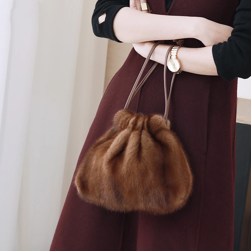 KAISHIN Womens Deluxe Full-pelt Mink Fur Shoulder Bag Genuine Leather Strap Crossbody Bag  Drawstring Closure Handbag IL00624