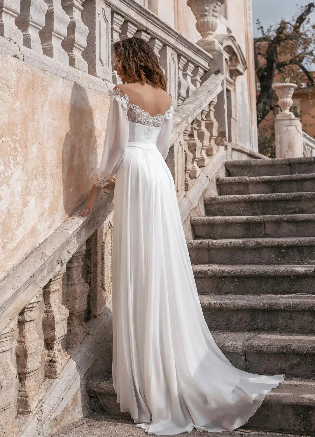 Abiti da sposa moderni a sirena abito da sposa a maniche lunghe in Chiffon di pizzo lanterna abiti da sposa senza schienale