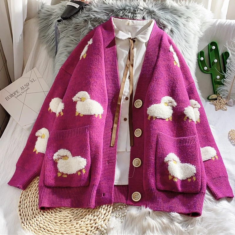 spring Knitted Cardigan Cute Cartoon Print  Women Sweater Coat Korean Style Cardigan Sweater For Women