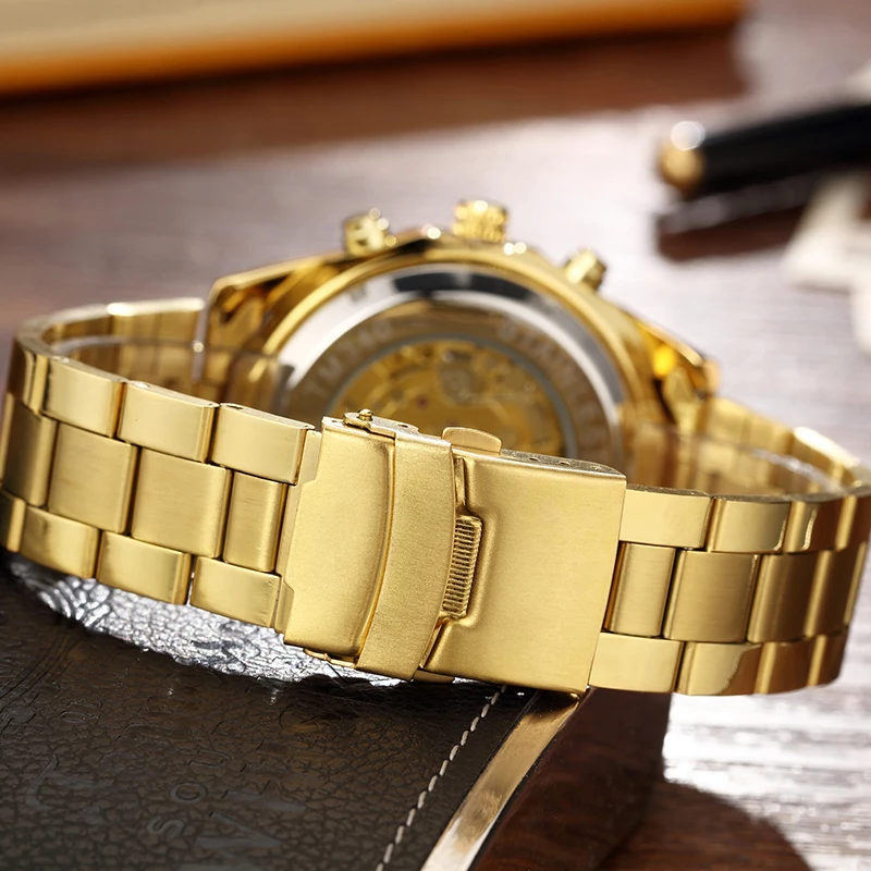 Skeleton Automatic Mechanical Watch Winner Gold Men Watches Stainless Steel Bracelet Sports Luxury Male Clock Chinese Wristwatch