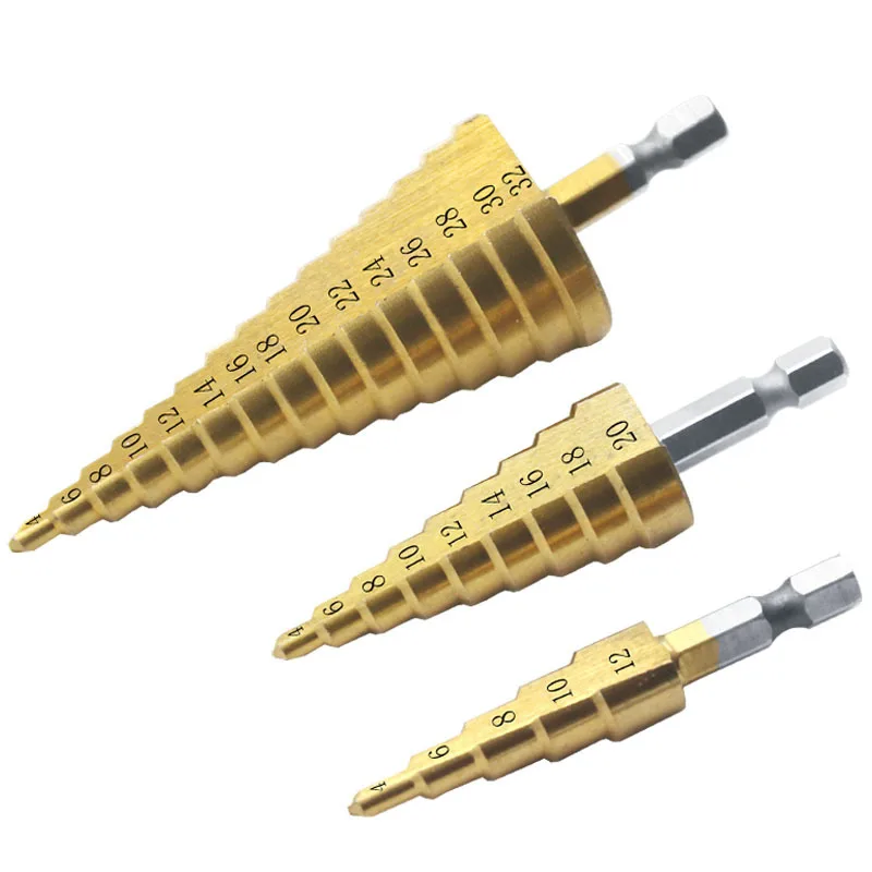 4-12 4-20 4-32mm HSS punta per trapano a gradino con scanalatura diritta Set di strumenti per trapano a cono in metallo rivestito in titanio